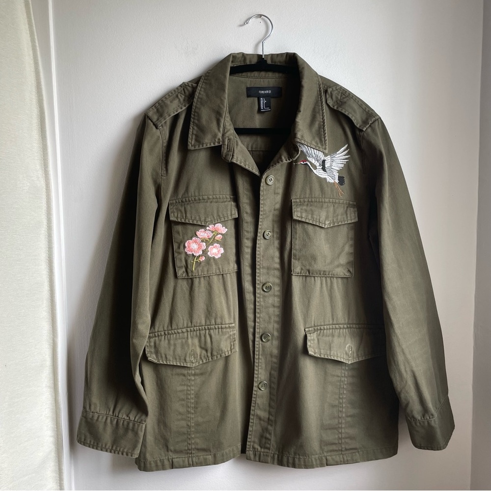 Khaki Military/Utility Jacket Boho embroidered Heron&Floral size L